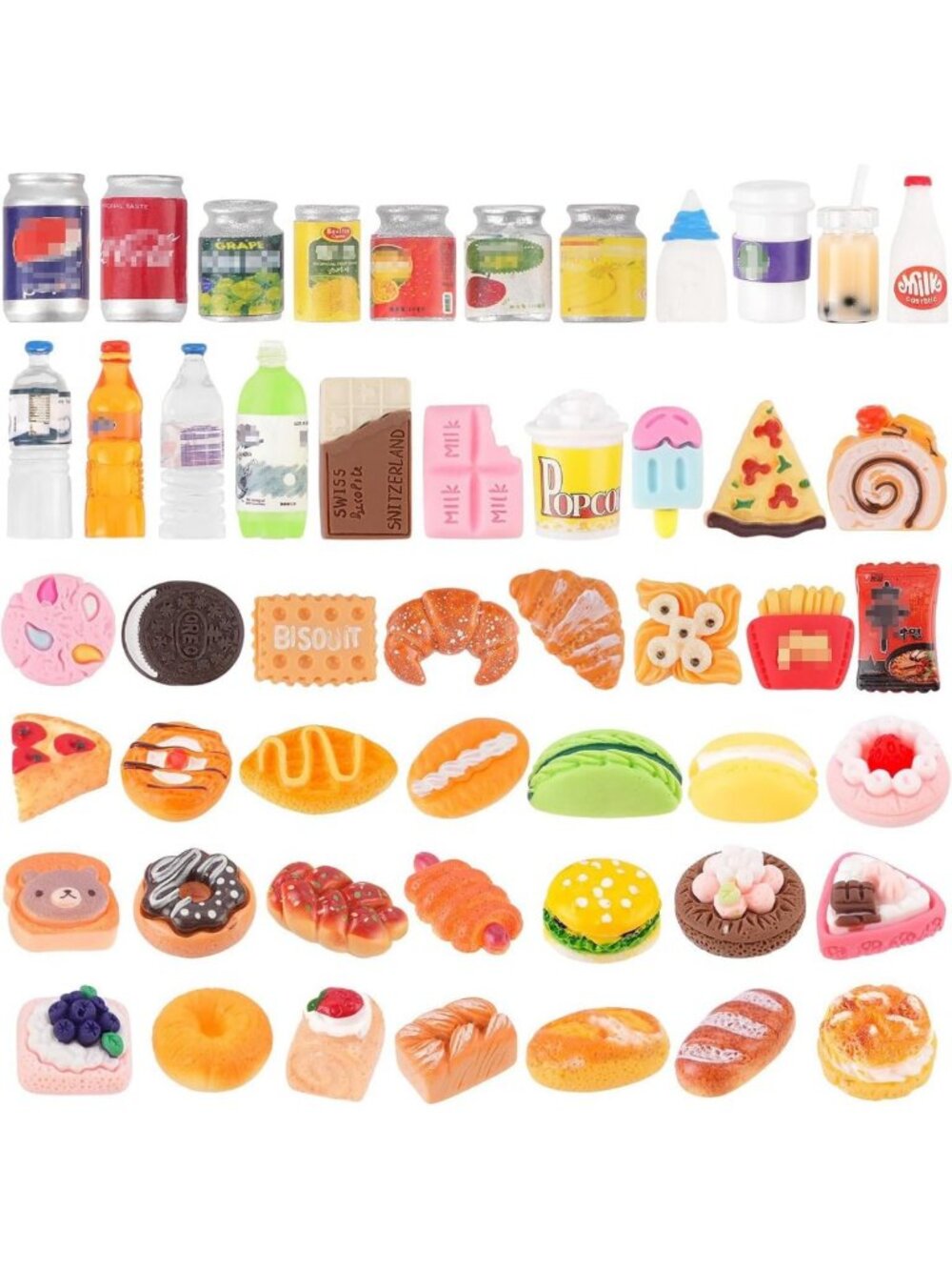 50Pcs Mini Food & Drink Toys - Soda Cans, Ice Cream, Cake for Dollhouse Play